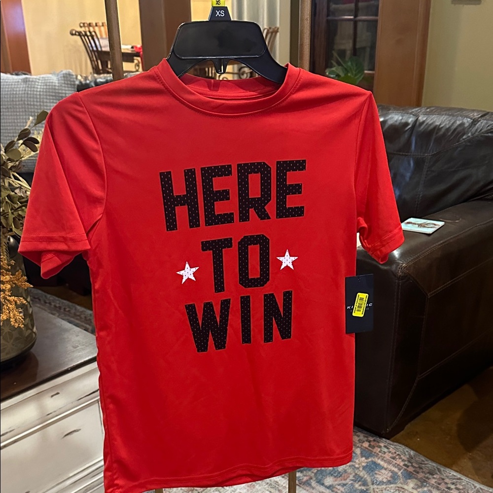 Vibrant Red 'Here to Win' Men's Tee